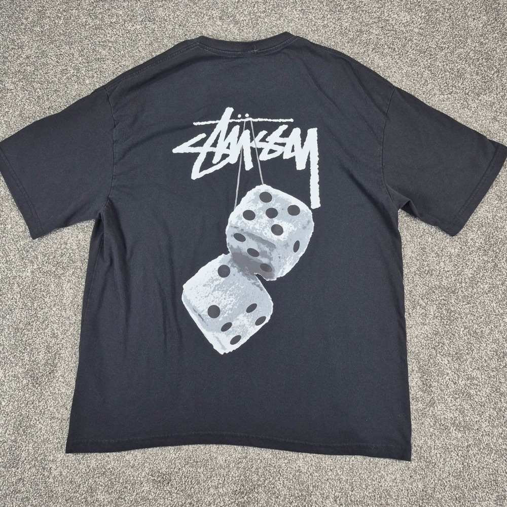 Stussy T Shirt Mens XL Black Fuzzy Dice Graphic Logo Streetwear Skater